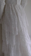 Load image into Gallery viewer, Vintage 50s five tiered lace wedding dress with small train and attached tulle net crinoline underskirt