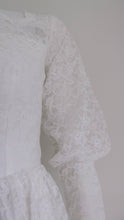 Load image into Gallery viewer, Vintage 50s five tiered lace wedding dress with small train and attached tulle net crinoline underskirt