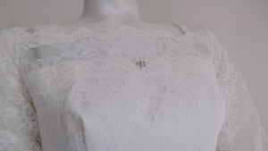 Vintage 50s five tiered lace wedding dress with small train and attached tulle net crinoline underskirt