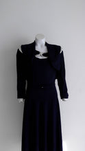 Load image into Gallery viewer, 1940s peekaboo key hole rayon dress and cropped jacket set in navy / perfect vlv rockabilly pinup dress