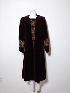 1920s 30s velvet dress with plunging sheer embroidered spun flowers inlay neckline and sheer floral pannel sleeves