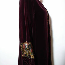 Load image into Gallery viewer, 1920s 30s velvet dress with plunging sheer embroidered spun flowers inlay neckline and sheer floral pannel sleeves