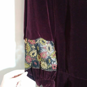 1920s 30s velvet dress with plunging sheer embroidered spun flowers inlay neckline and sheer floral pannel sleeves