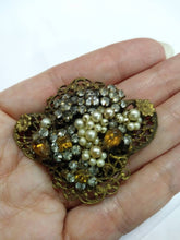 Load image into Gallery viewer, Original by Robert Crystal Rhinestone Pearl Brooch / Seed pearls and Amber stones / 30s 40s brooch / Miriam Haskell Inspired