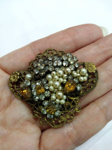 Original by Robert Crystal Rhinestone Pearl Brooch / Seed pearls and Amber stones / 30s 40s brooch / Miriam Haskell Inspired