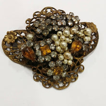 Load image into Gallery viewer, Original by Robert Crystal Rhinestone Pearl Brooch / Seed pearls and Amber stones / 30s 40s brooch / Miriam Haskell Inspired