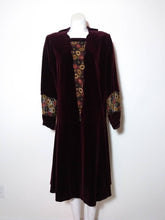 Load image into Gallery viewer, 1920s 30s velvet dress with plunging sheer embroidered spun flowers inlay neckline and sheer floral pannel sleeves