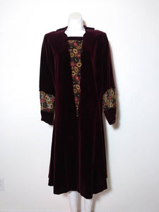 1920s 30s velvet dress with plunging sheer embroidered spun flowers inlay neckline and sheer floral pannel sleeves