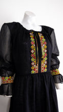 Load image into Gallery viewer, 60s 70s embroidered peasant dress / hippie boho dress / goth gypsy stevie joplin dress / sheer gauzy puffy sleeve dress