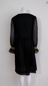 60s 70s embroidered peasant dress / hippie boho dress / goth gypsy stevie joplin dress / sheer gauzy puffy sleeve dress