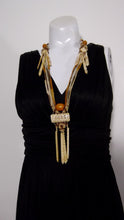 Load image into Gallery viewer, vintage hippie boho amber bone necklace / macrame bone dangle drops and amber beads / Tribal Statement Necklace / Bohemian Hippie Necklace