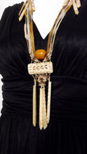 Load image into Gallery viewer, vintage hippie boho amber bone necklace / macrame bone dangle drops and amber beads / Tribal Statement Necklace / Bohemian Hippie Necklace