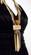 Load image into Gallery viewer, vintage hippie boho amber bone necklace / macrame bone dangle drops and amber beads / Tribal Statement Necklace / Bohemian Hippie Necklace