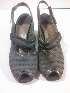 Vintage Mesh 40s grey heels shoes / Open Peep Toe Sling Backs