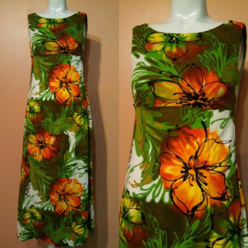 vintage 60s Hawaiian Dress / Ui-Maikai Hawaii / Tiki Party dress / barkcloth Cotton Dress  / orange and green dress