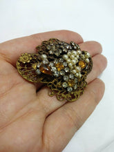 Load image into Gallery viewer, Original by Robert Crystal Rhinestone Pearl Brooch / Seed pearls and Amber stones / 30s 40s brooch / Miriam Haskell Inspired