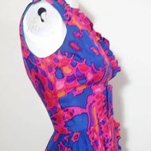 Load image into Gallery viewer, Vintage 60s psychedelic mod Dress / hand dyed silk dress / belted waist and ruffle collar