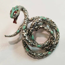 Load image into Gallery viewer, Vintage enamel snake brooch with Rhinestone eyes / Silver Tone