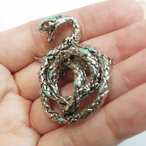 Vintage enamel snake brooch with Rhinestone eyes / Silver Tone