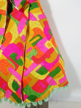 Load image into Gallery viewer, 50s 60s psychedelic reversible skirt / barkcloth wrap skirt  / Atomic print skirt / pom pom trim