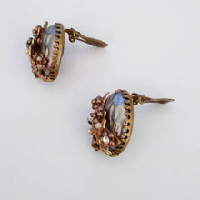 Load image into Gallery viewer, Miriam Haskell Inspired Crystal Rhinestone Baroque Pearl filagree earrings / vintage clip earrings