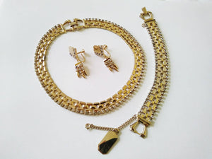 Vintage 50s Bracelet Necklace Earring set / 50s rhinestone necklace / gold finish necklace / initial tag / Monet jewelry