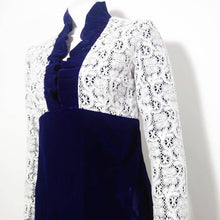 Load image into Gallery viewer, Vintage 60s 70s purple velvet and crochet lace dress / 70s ruffle collar dress / 60s mod dress