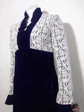 Load image into Gallery viewer, Vintage 60s 70s purple velvet and crochet lace dress / 70s ruffle collar dress / 60s mod dress