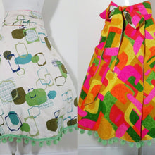 Load image into Gallery viewer, 50s 60s psychedelic reversible skirt / barkcloth wrap skirt  / Atomic print skirt / pom pom trim