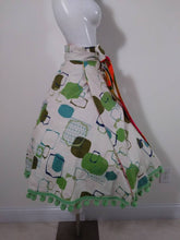 Load image into Gallery viewer, 50s 60s psychedelic reversible skirt / barkcloth wrap skirt  / Atomic print skirt / pom pom trim