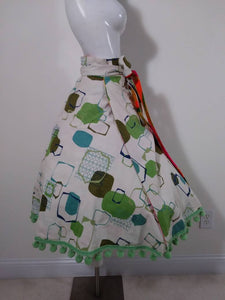 50s 60s psychedelic reversible skirt / barkcloth wrap skirt  / Atomic print skirt / pom pom trim