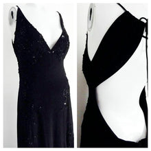 Load image into Gallery viewer, 90s Black Backless Beaded Dress / plunging neck and open back LBD / Black Tie Party Dress / prom dress / body con dress