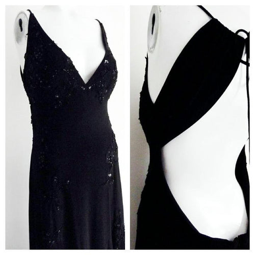 90s Black Backless Beaded Dress / plunging neck and open back LBD / Black Tie Party Dress / prom dress / body con dress