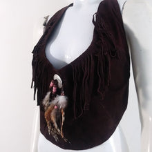 Load image into Gallery viewer, 70s leather fringe feather halter top for the best boho hippie vibes