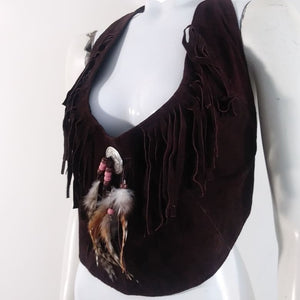 70s leather fringe feather halter top for the best boho hippie vibes