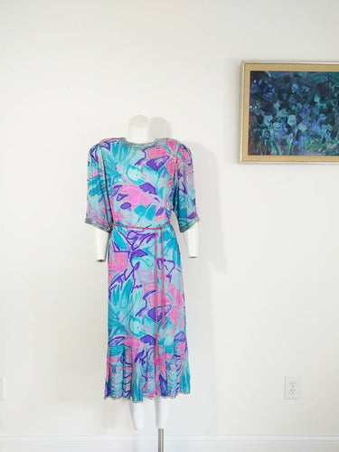 Vintage silk dress /Designer Judith Ann Silk Dress / Neiman Marcus / Beaded Sequin Chiffon Water Colors Dress / 70s Art Deco Flapper inspire