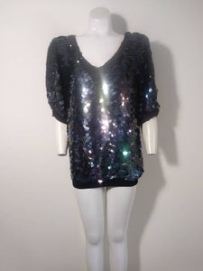 70s Oleg Cassini Bead & Sequin Silk Blouse