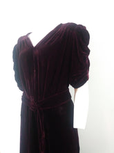 Load image into Gallery viewer, 30s 40s silk velvet red wine dress with gathered puffy sleeves and original belt