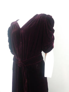 30s 40s silk velvet red wine dress with gathered puffy sleeves and original belt