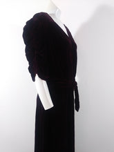 Load image into Gallery viewer, 30s 40s silk velvet red wine dress with gathered puffy sleeves and original belt