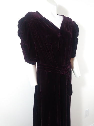 30s 40s silk velvet red wine dress with gathered puffy sleeves and original belt
