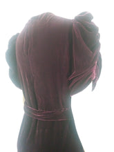 Load image into Gallery viewer, 30s 40s silk velvet red wine dress with gathered puffy sleeves and original belt