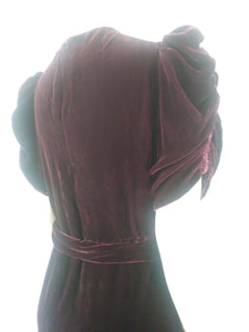 30s 40s silk velvet red wine dress with gathered puffy sleeves and original belt