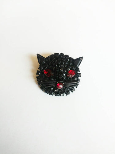 Vintage Rhinestone Kitty Brooch / Cat Pin / 50s Figural Animal Brooch / Black cat / Halloween cat / glitterngoldvintage