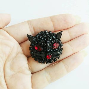 Vintage Rhinestone Kitty Brooch / Cat Pin / 50s Figural Animal Brooch / Black cat / Halloween cat / glitterngoldvintage