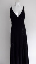 Load image into Gallery viewer, 90s Black Backless Beaded Dress / plunging neck and open back LBD / Black Tie Party Dress / prom dress / body con dress