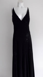 90s Black Backless Beaded Dress / plunging neck and open back LBD / Black Tie Party Dress / prom dress / body con dress