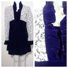 Load image into Gallery viewer, Vintage 60s 70s purple velvet and crochet lace dress / 70s ruffle collar dress / 60s mod dress