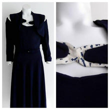 Load image into Gallery viewer, 1940s peekaboo key hole rayon dress and cropped jacket set in navy / perfect vlv rockabilly pinup dress