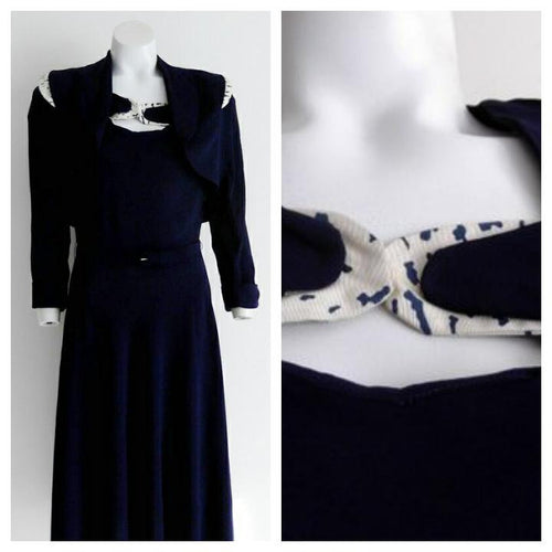 1940s peekaboo key hole rayon dress and cropped jacket set in navy / perfect vlv rockabilly pinup dress